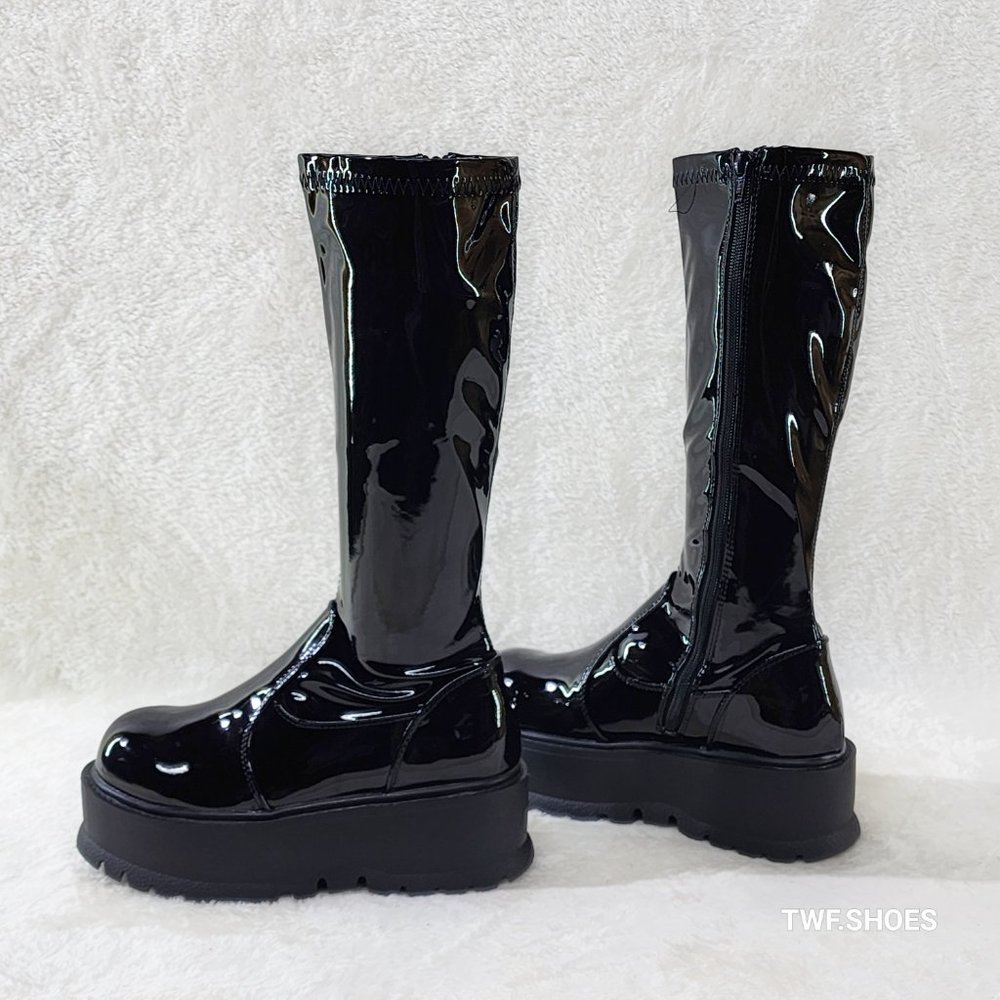 Demonia Shiny Black Tall Platform Boots - Picture 4 of 10